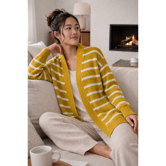 Old Navy Sweaters - Old Navy Knit Open Cardigan Sweater Sz M Mustard Yellow Striped Cotton Blend